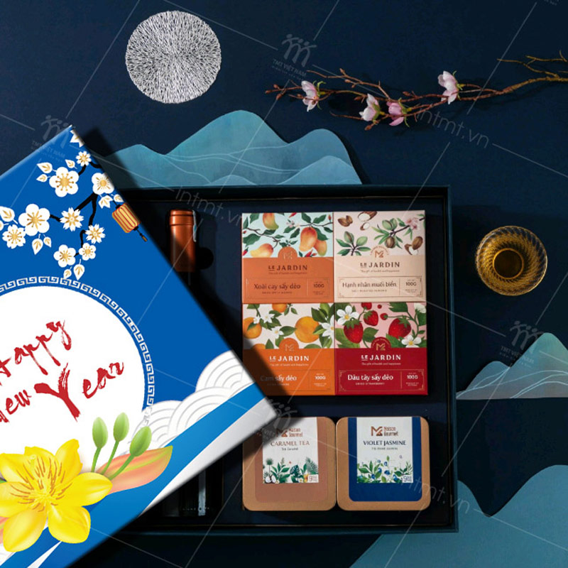 hộp đựng quà tết mẫu Hoa Mai Xanh