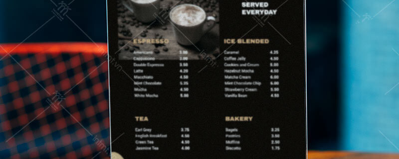 in menu quán cà phê