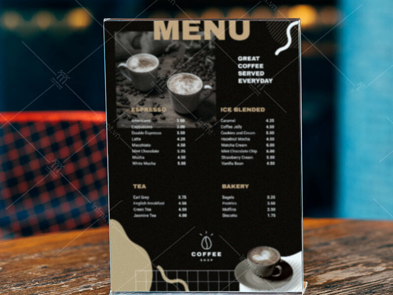 in menu quán cà phê