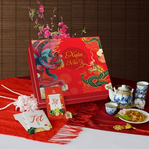 vỏ hộp quà tết bán sẵn long phụng đỏ
