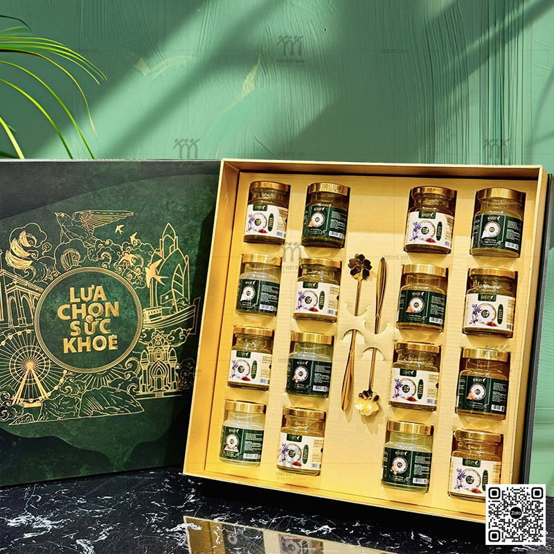 Mẫu hộp đựng yến loại 16 hũ màu xanh lục